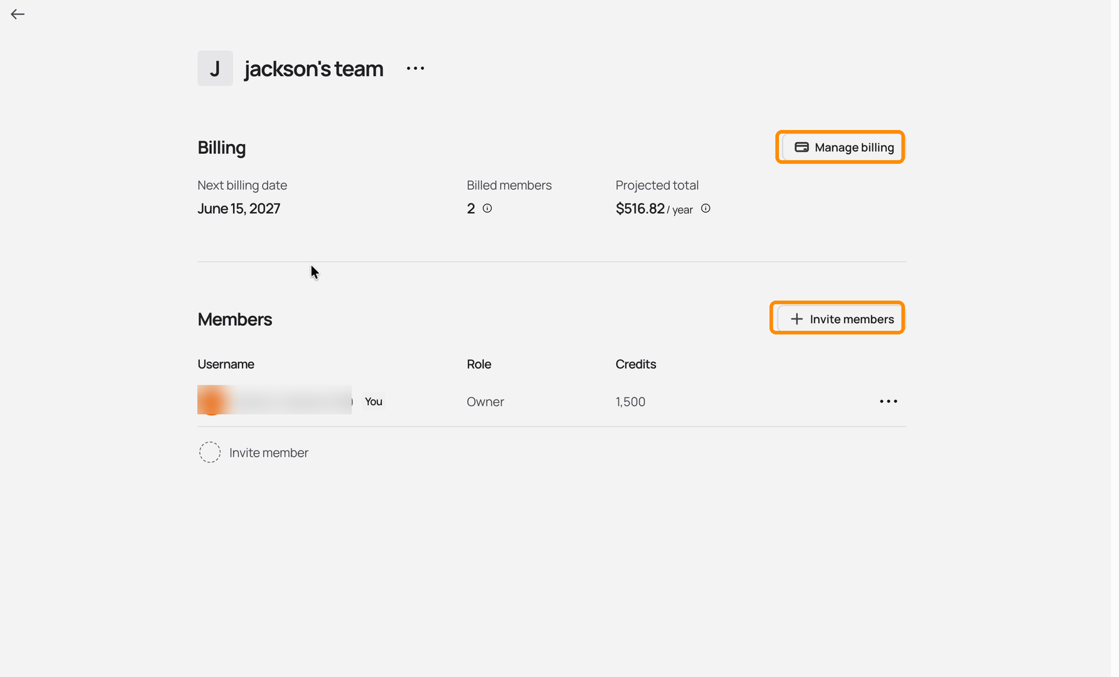 Team page showing the billing summary with next billing date, billed members, and projected total, with the Manage billing and Invite members buttons highlighted