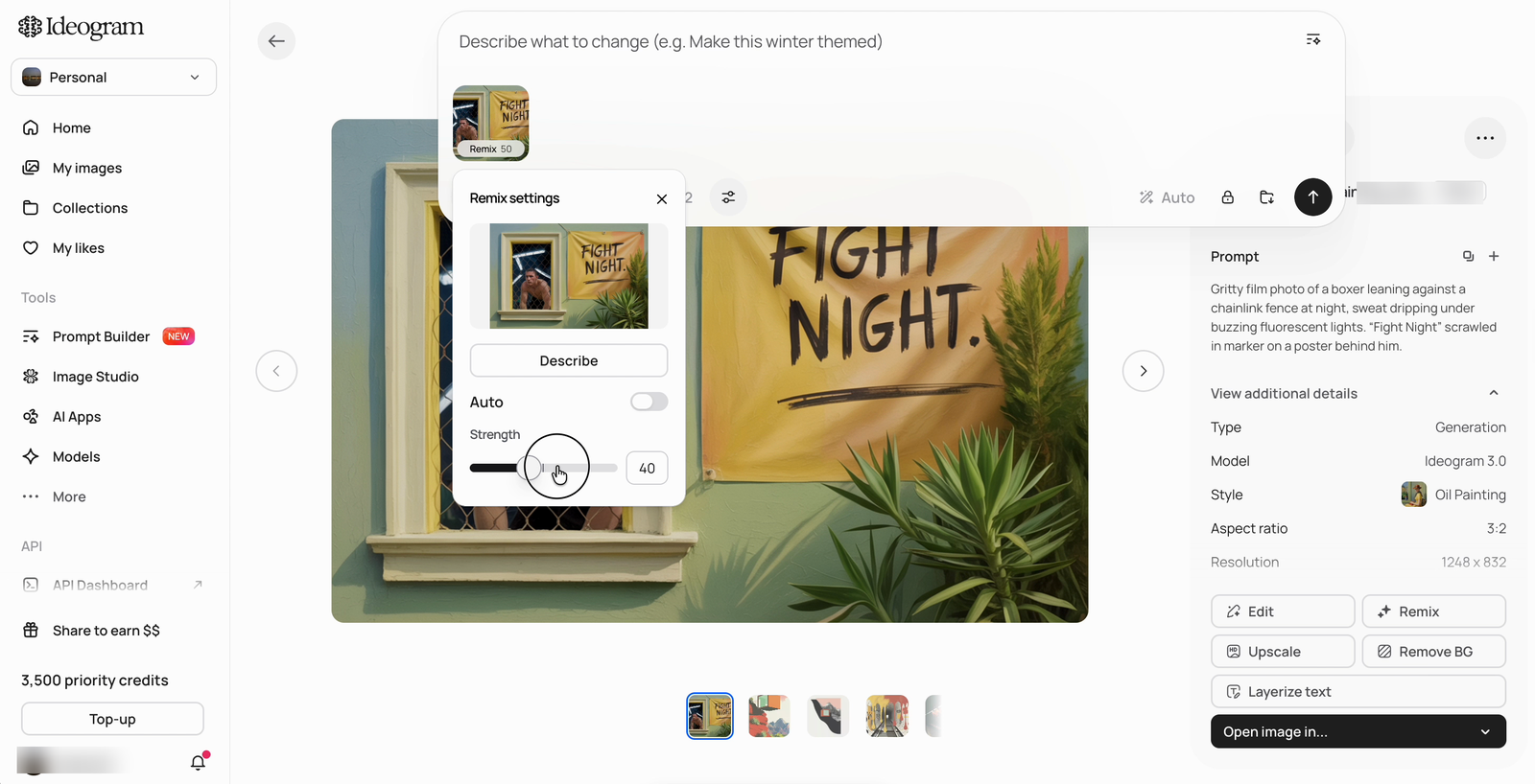 Remix settings popover open on the attached image, showing a Describe button, an Auto toggle, and a Strength slider set to 40