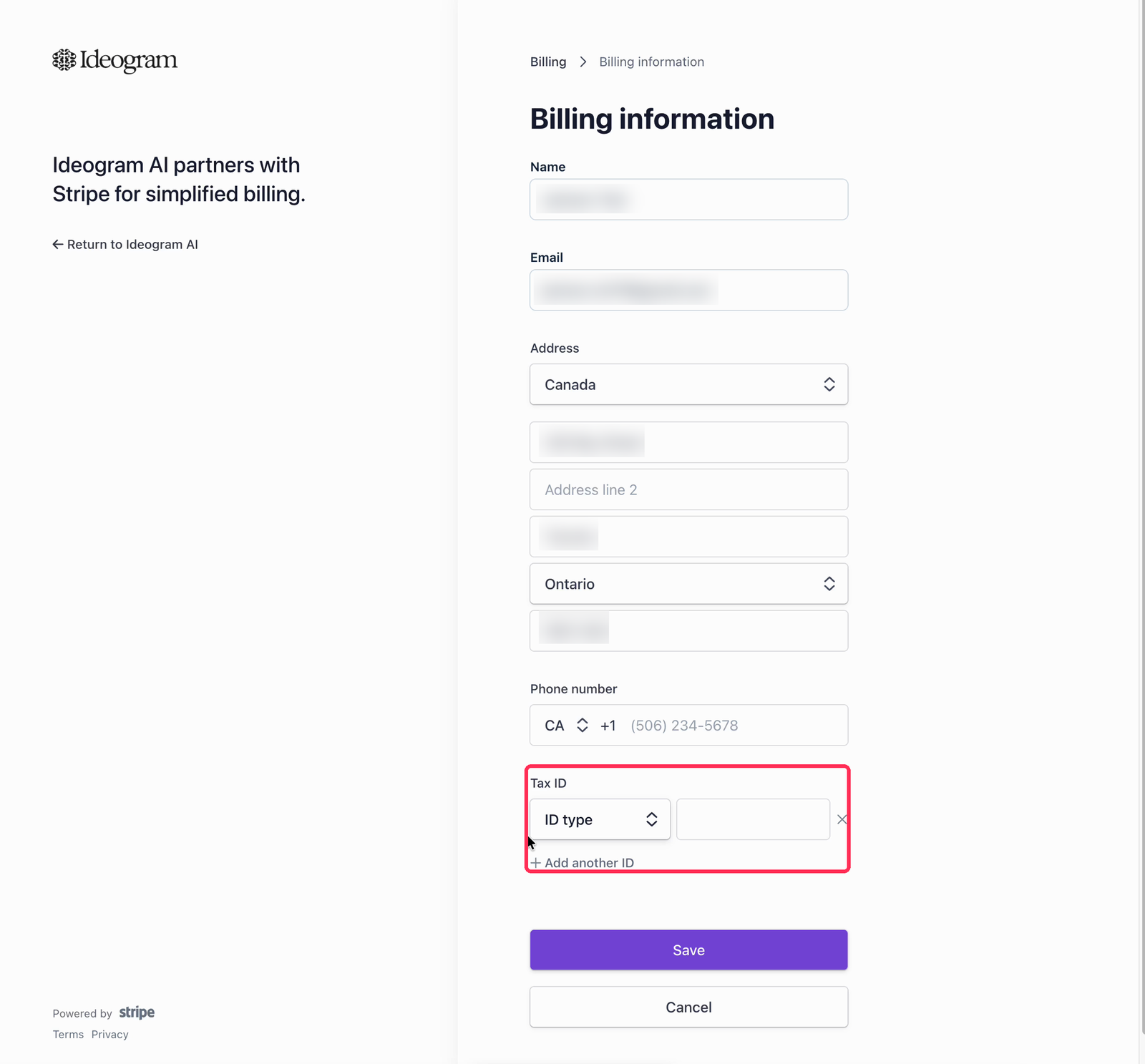 Billing information form with name, email, address, and phone fields, and the Tax ID section highlighted