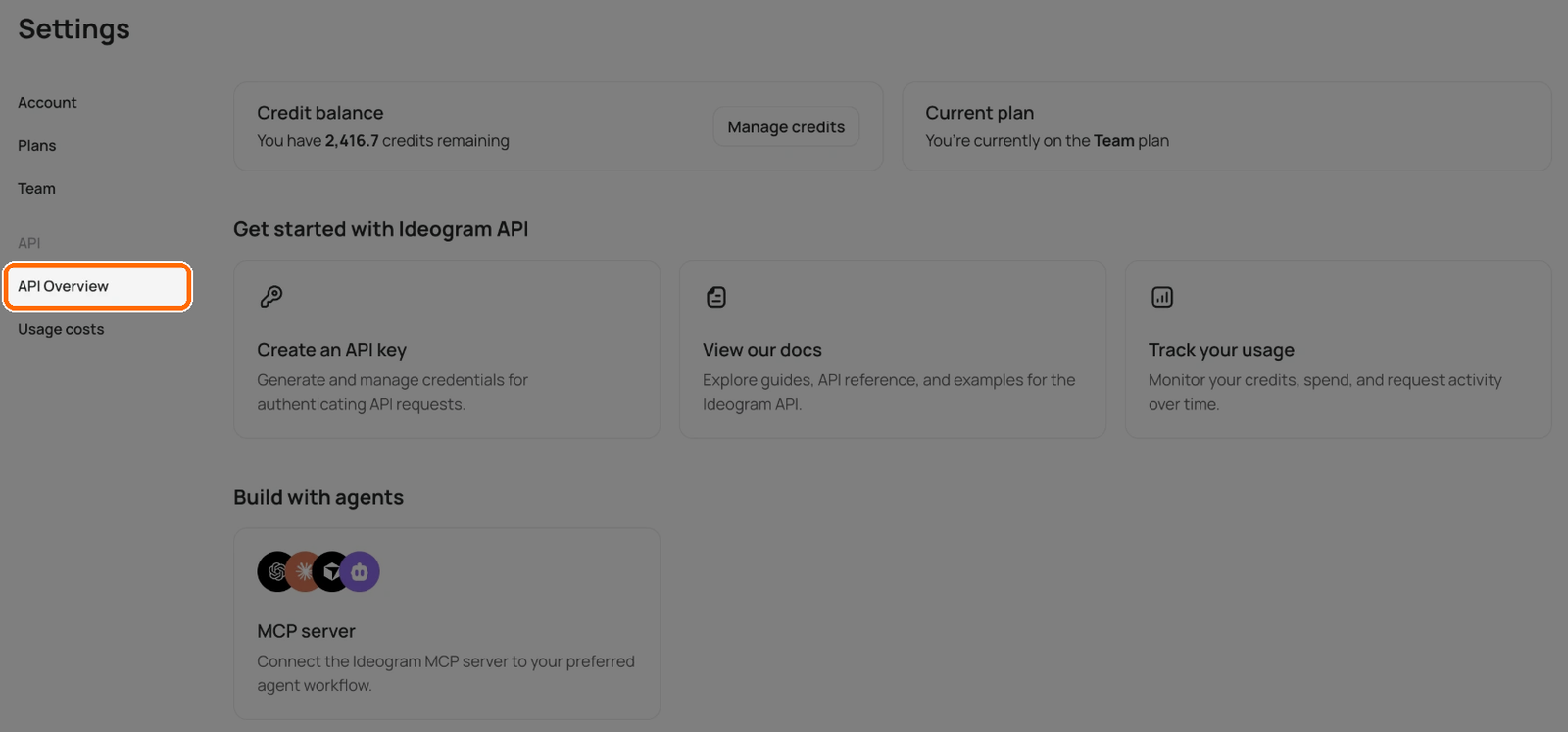 Settings API Overview page with the API Overview tab highlighted, showing Credit balance with Manage credits, Current plan, the Create an API key, View our docs and Track your usage cards, and MCP server