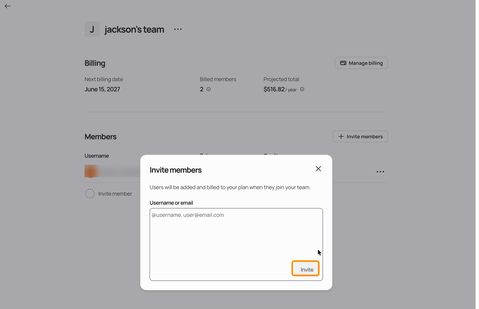 Invite members dialog with a field for usernames or email addresses and the Invite button highlighted