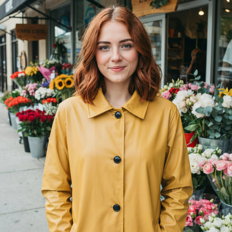 Close head-and-shoulders portrait of the woman with copper hair in the mustard raincoat, flower buckets behind her