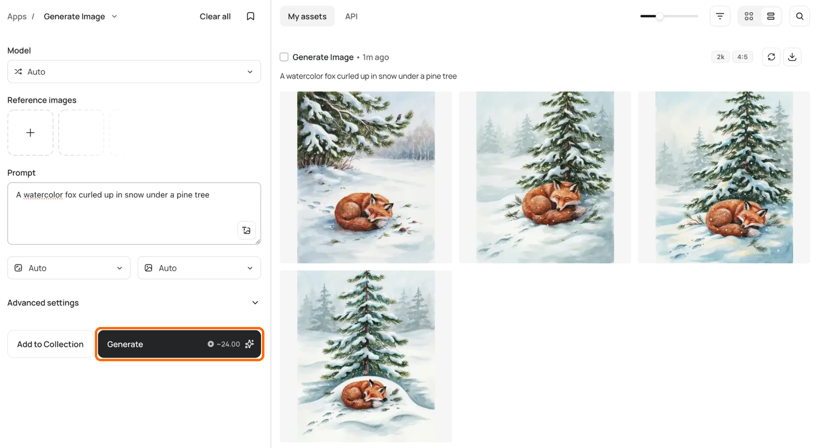 Image app on Auto with a prompt filled in, four results in My assets, and the Generate button showing about 24 credits highlighted