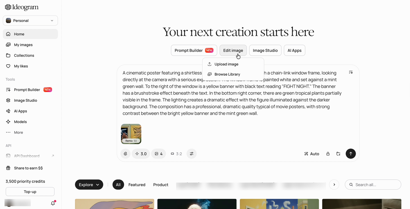 Prompt box showing a natural-language paragraph describing the image, generated by Describe on model 3.0