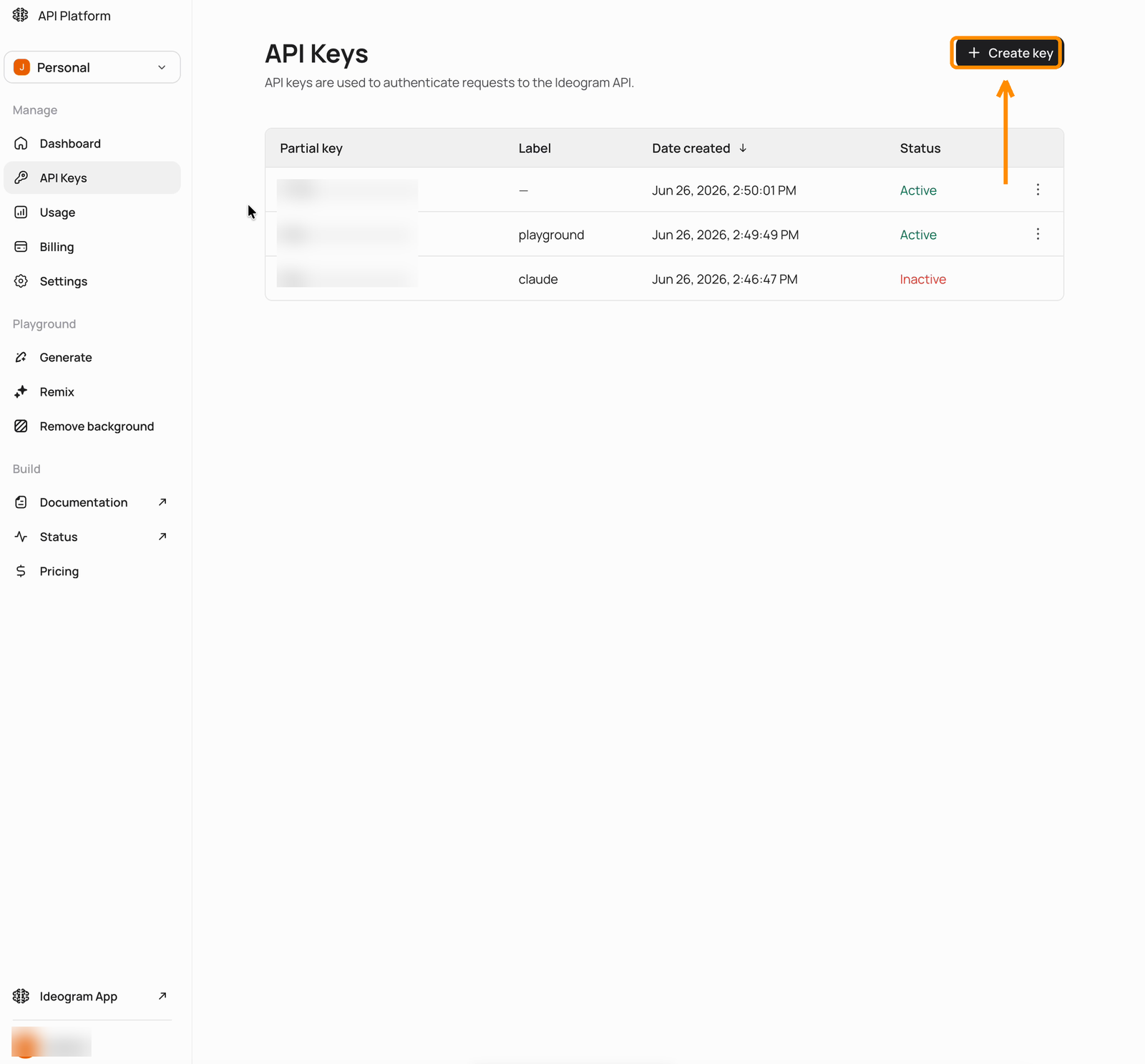 API Keys page listing keys with partial value, label, date created, and status columns, with the Create key button highlighted