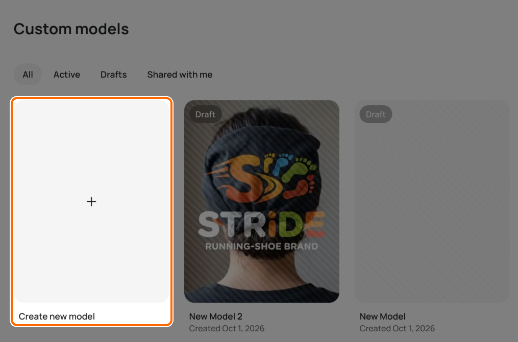 Custom models page with All, Active, Drafts and Shared with me tabs, and the Create new model tile highlighted