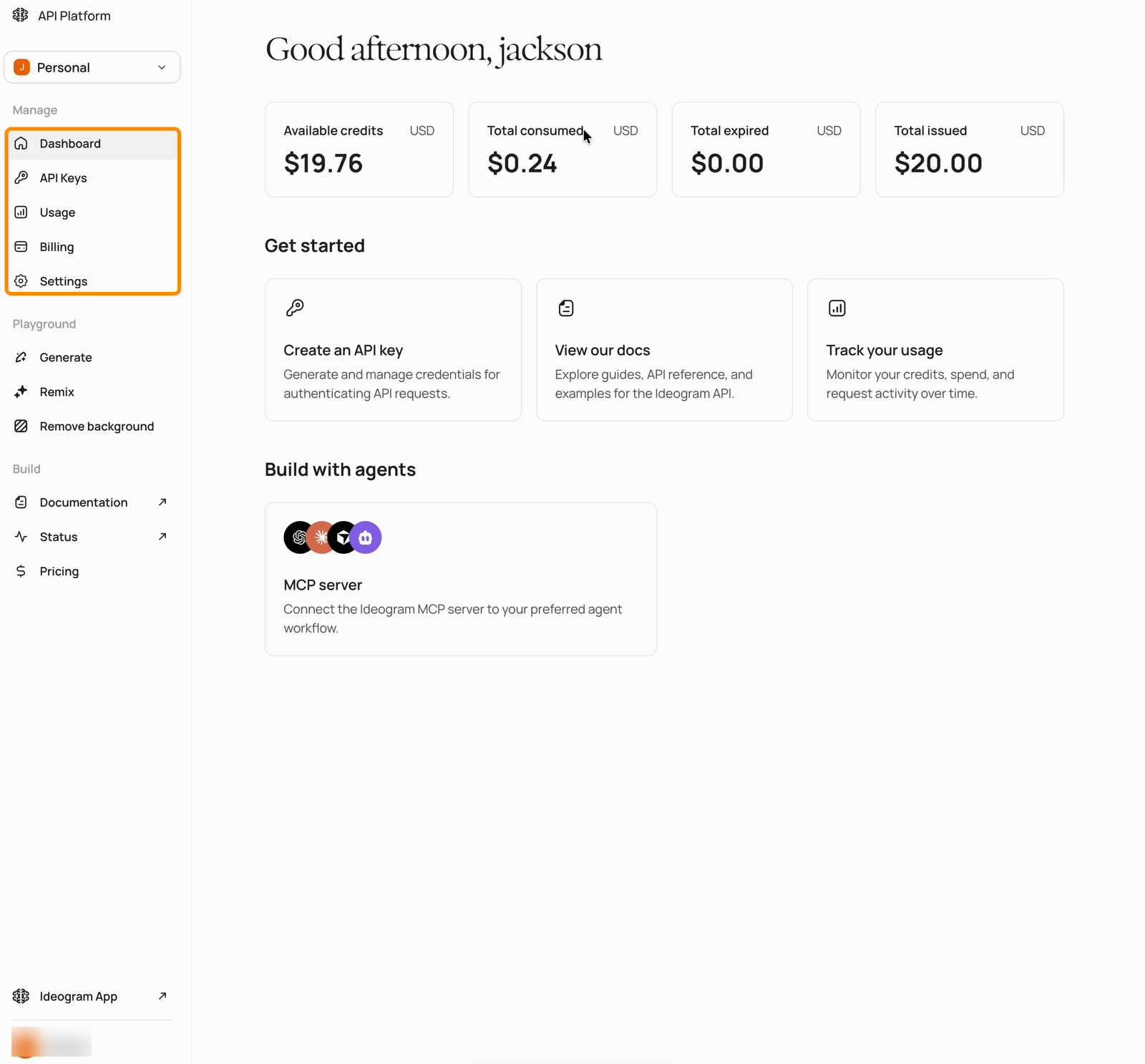 API Dashboard home screen showing credit summary tiles and get-started shortcuts, with the Manage section of the sidebar highlighted