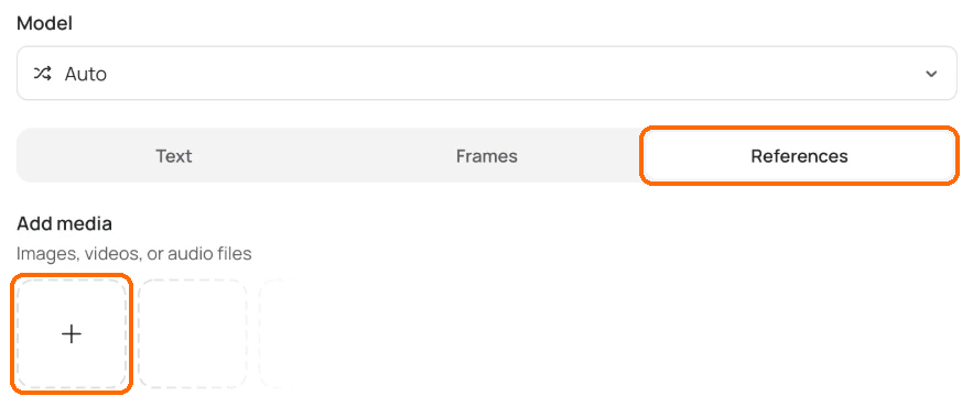 Generate Video panel with the References tab and the Add media plus button highlighted