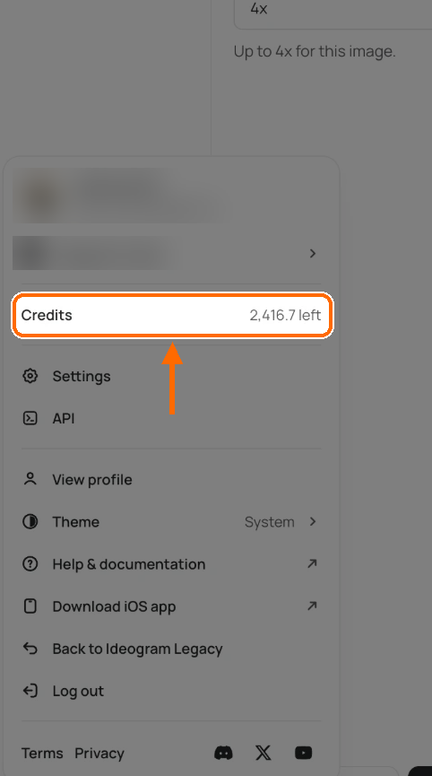 User menu in a team workspace with the Credits row showing 2,416.7 left highlighted, and no Wallet & Billing item