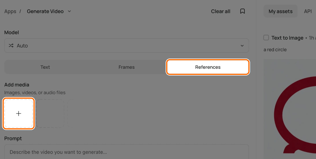 Generate Video panel with the References tab and the Add media plus button highlighted