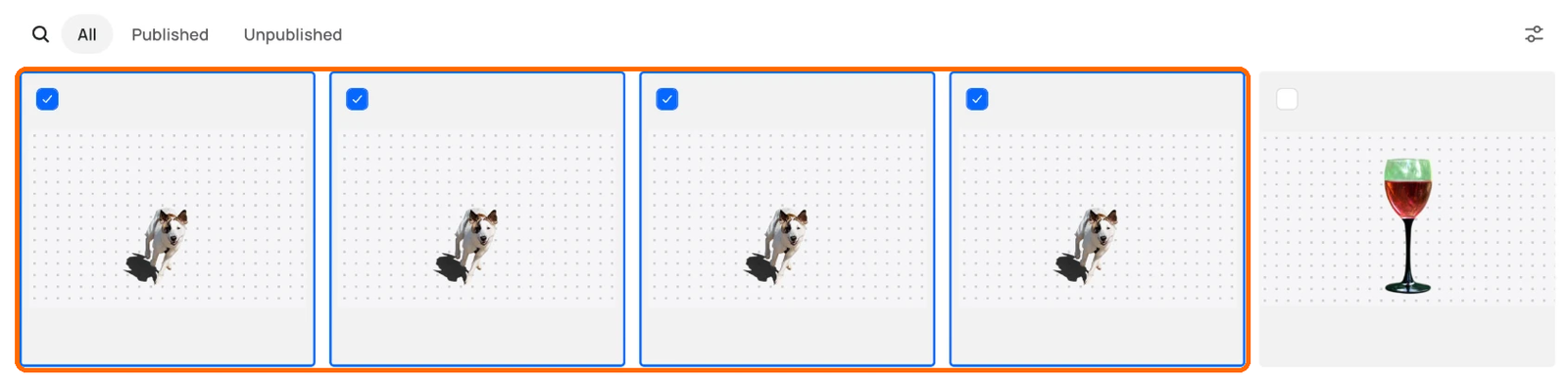 Assets grid with four selected tiles, each with a ticked checkbox, highlighted