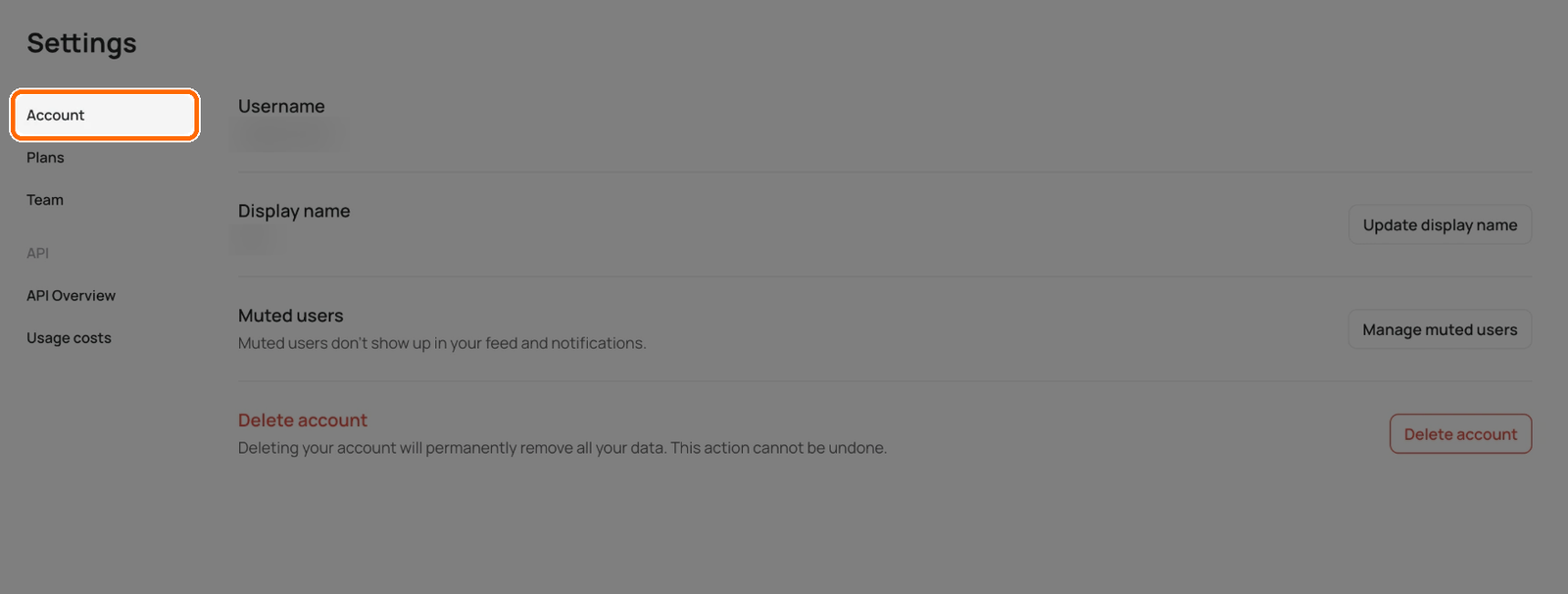 Settings page with the Account tab highlighted, showing the Username, Display name, Muted users and Delete account rows.