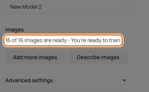 Images panel reading 16 of 16 images are ready - You're ready to train, highlighted
