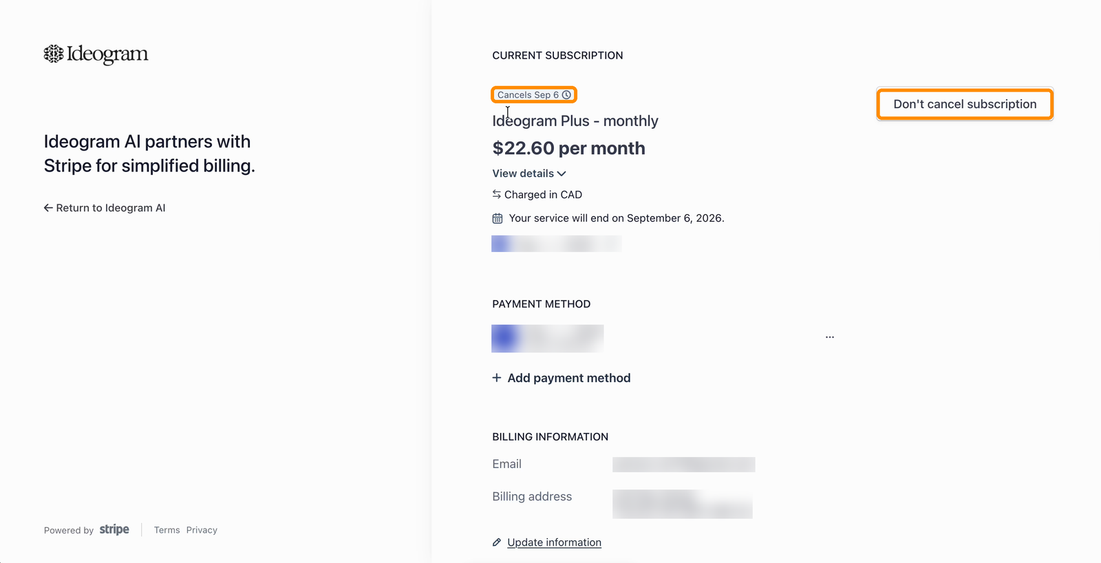 Billing portal after cancelling, showing a Cancels badge with the service end date, and the Don't cancel subscription button highlighted