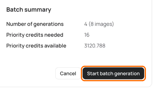 Batch summary panel with the Start batch generation button highlighted
