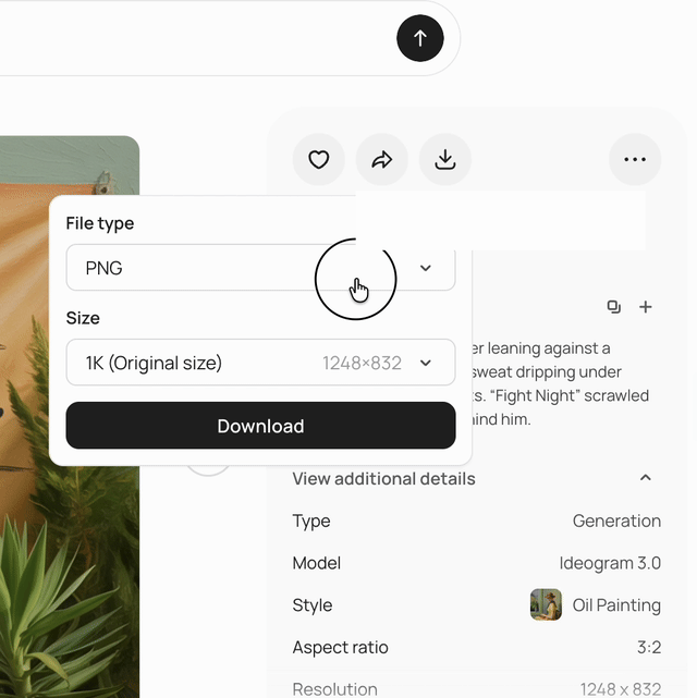 Animation of the download menu in the details panel: opening the file type dropdown, choosing a format, and reviewing the size options before downloading