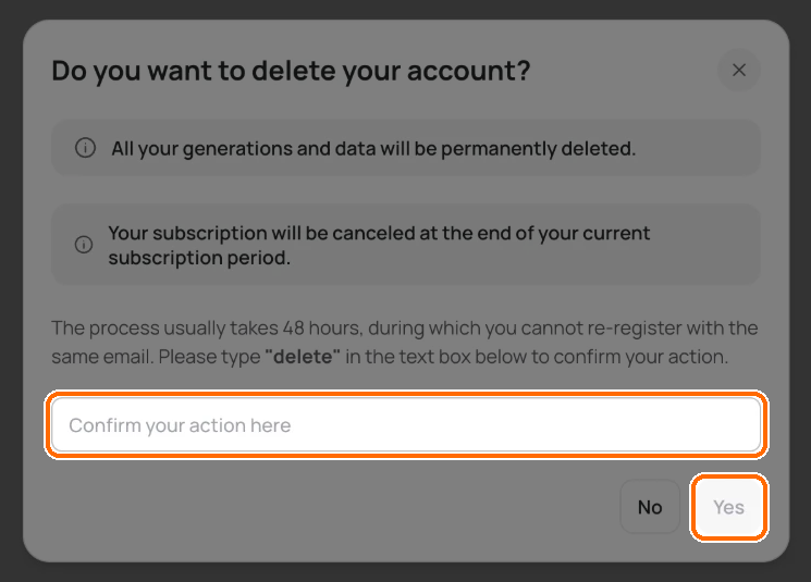 Do you want to delete your account? dialog with the confirm text box and the Yes button highlighted next to No.