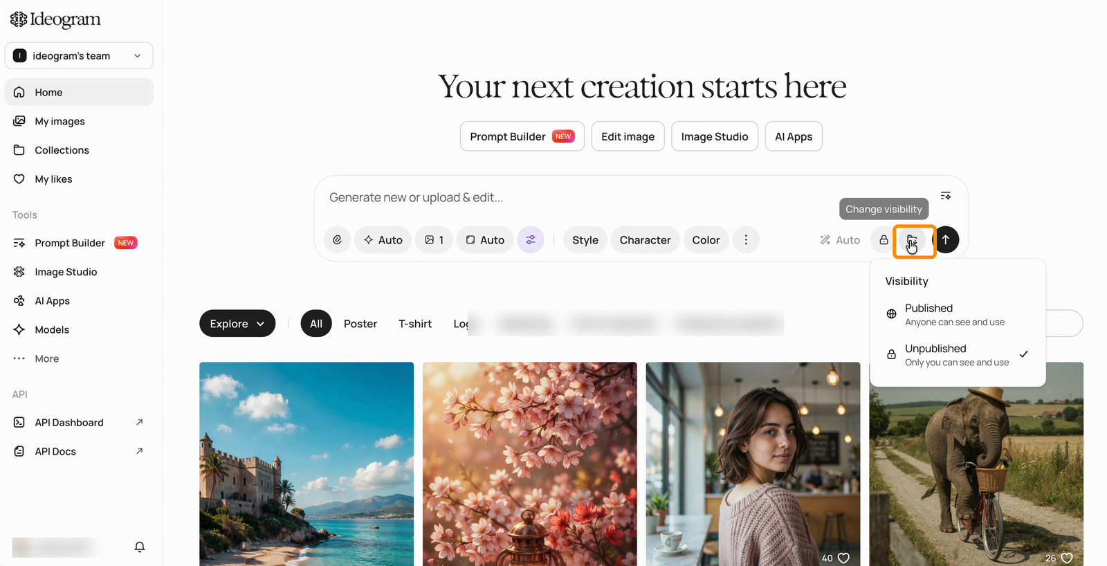 The Change visibility button highlighted in the prompt box settings row, with the Visibility dropdown open showing Published, anyone can see and use, and Unpublished, only you can see and use