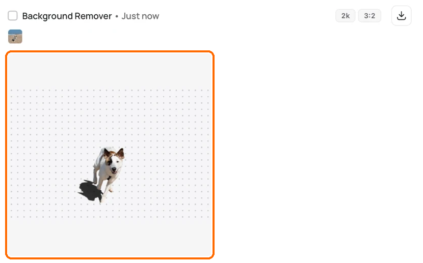 Background Remover result card, highlighted: the dog cut out on a dotted transparent background.