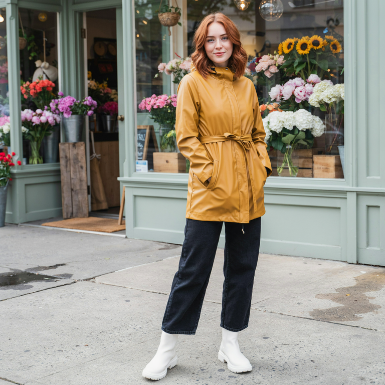 Full-length photo of a young woman with copper hair in a mustard raincoat, dark jeans and white rain boots outside a flower shop