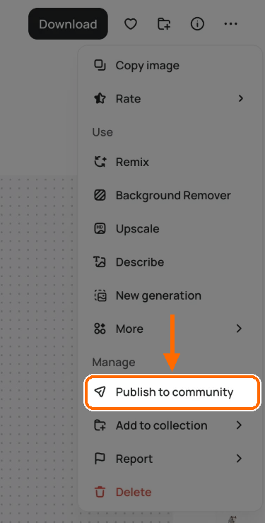 More options menu with Publish to community highlighted under Manage