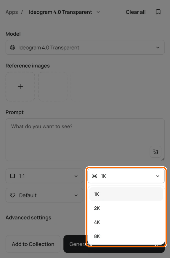 Image app on Ideogram 4.0 Transparent with the resolution menu open, showing 1K, 2K, 4K and 8K, highlighted