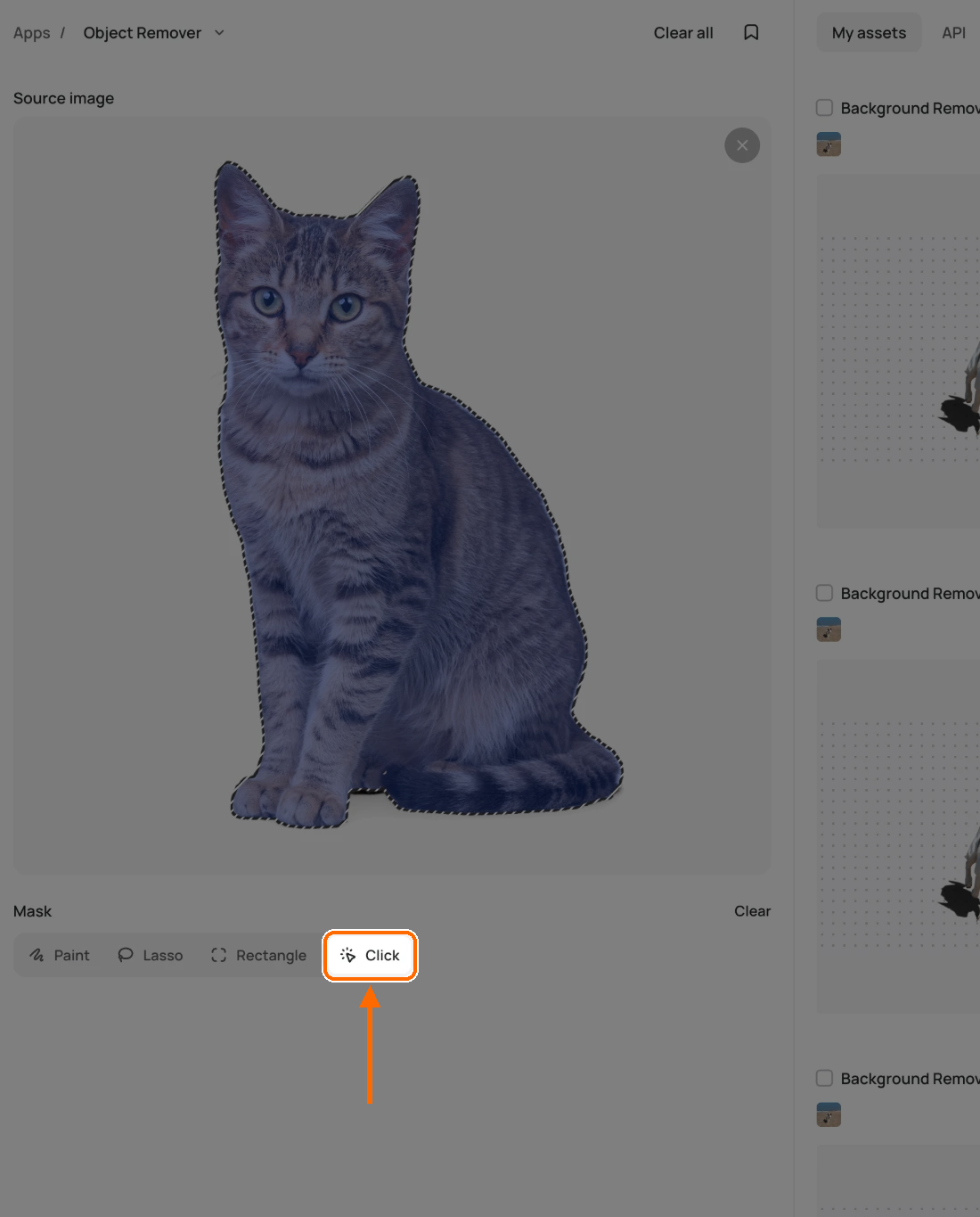 Object Remover with a cat selected under a blue mask, and the Click tool highlighted among the Paint, Lasso, Rectangle and Click mask tools.