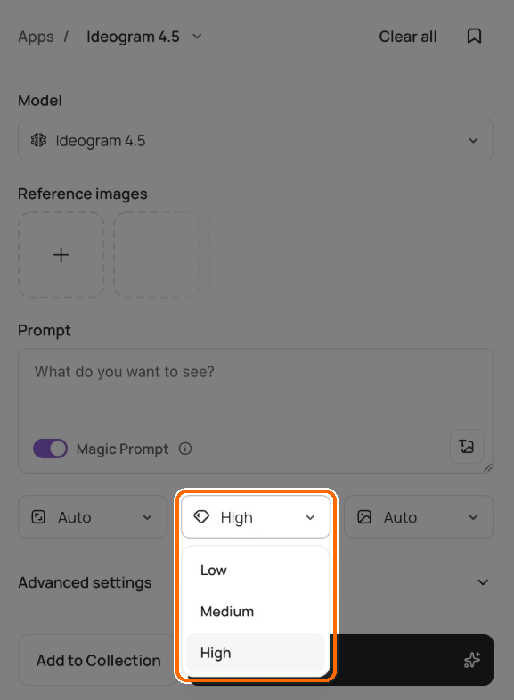 Image app on Ideogram 4.5 with the Magic Prompt toggle on and the Quality menu open, showing Low, Medium and High, highlighted