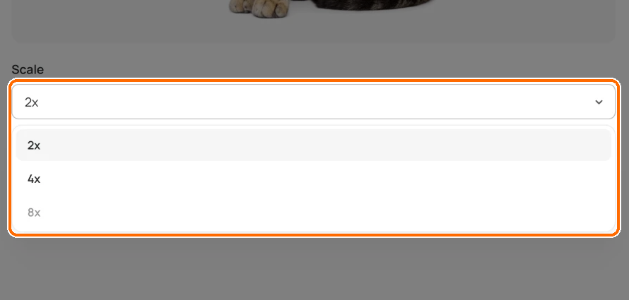 Scale menu open and highlighted, listing 2x and 4x, with 8x greyed out.