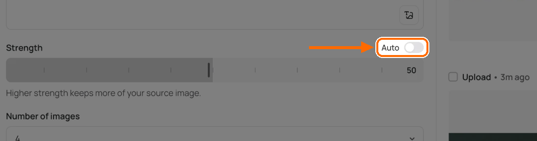 Strength row with the Auto switch highlighted and turned off, the slider at 50 and the line Higher strength keeps more of your source image.