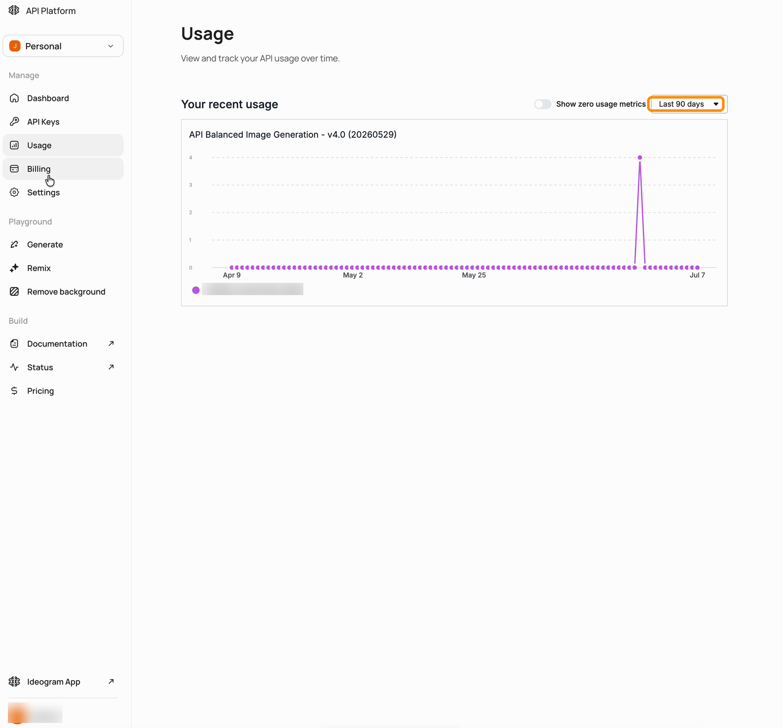 Usage page showing a per-endpoint API usage chart over time, with the date range selector highlighted
