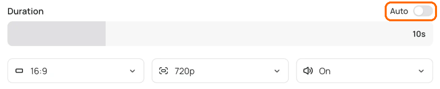 Video settings with the Duration slider at 10s, the Auto switch highlighted, and 16:9, 720p and audio On below