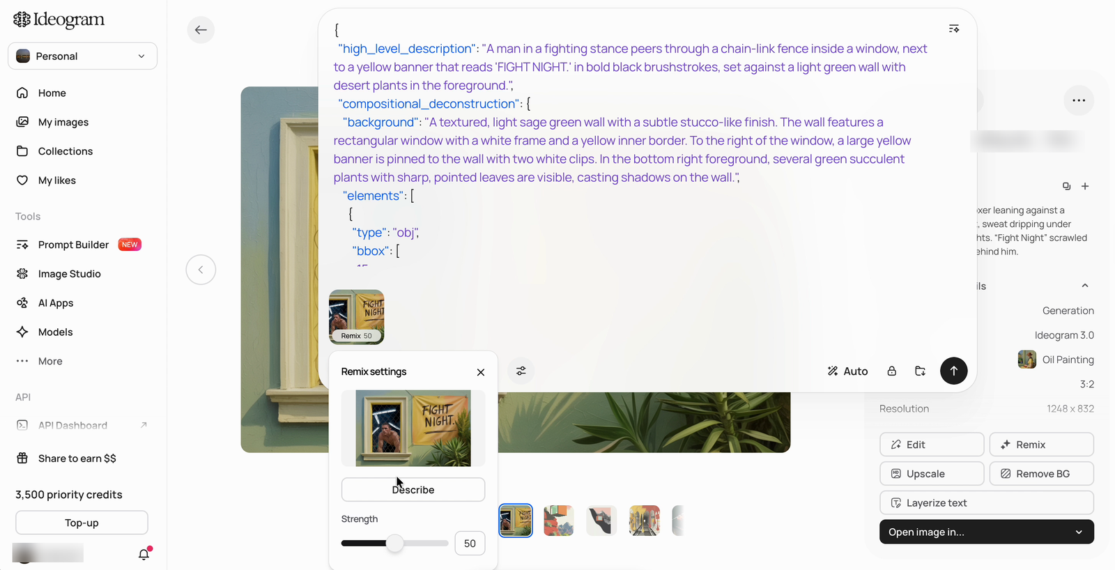 Prompt box showing a structured JSON description with high level description, compositional deconstruction, background, and elements fields, generated by Describe on Ideogram 4.0