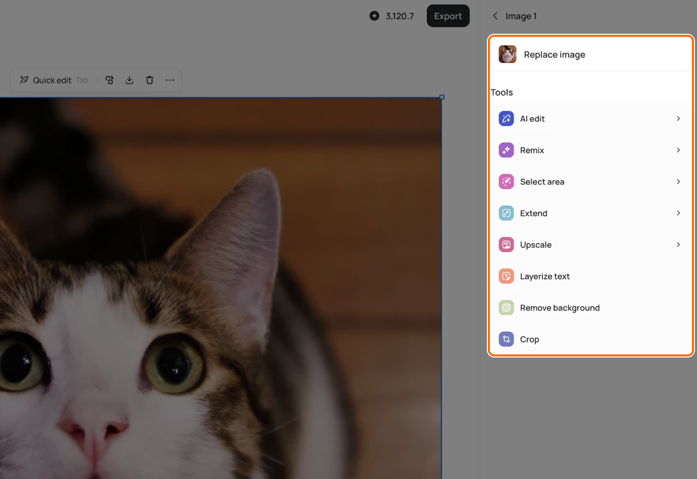 Studio with an image layer selected; the Replace image button and Tools list in the right sidebar are highlighted, and the Quick edit bar floats over the layer