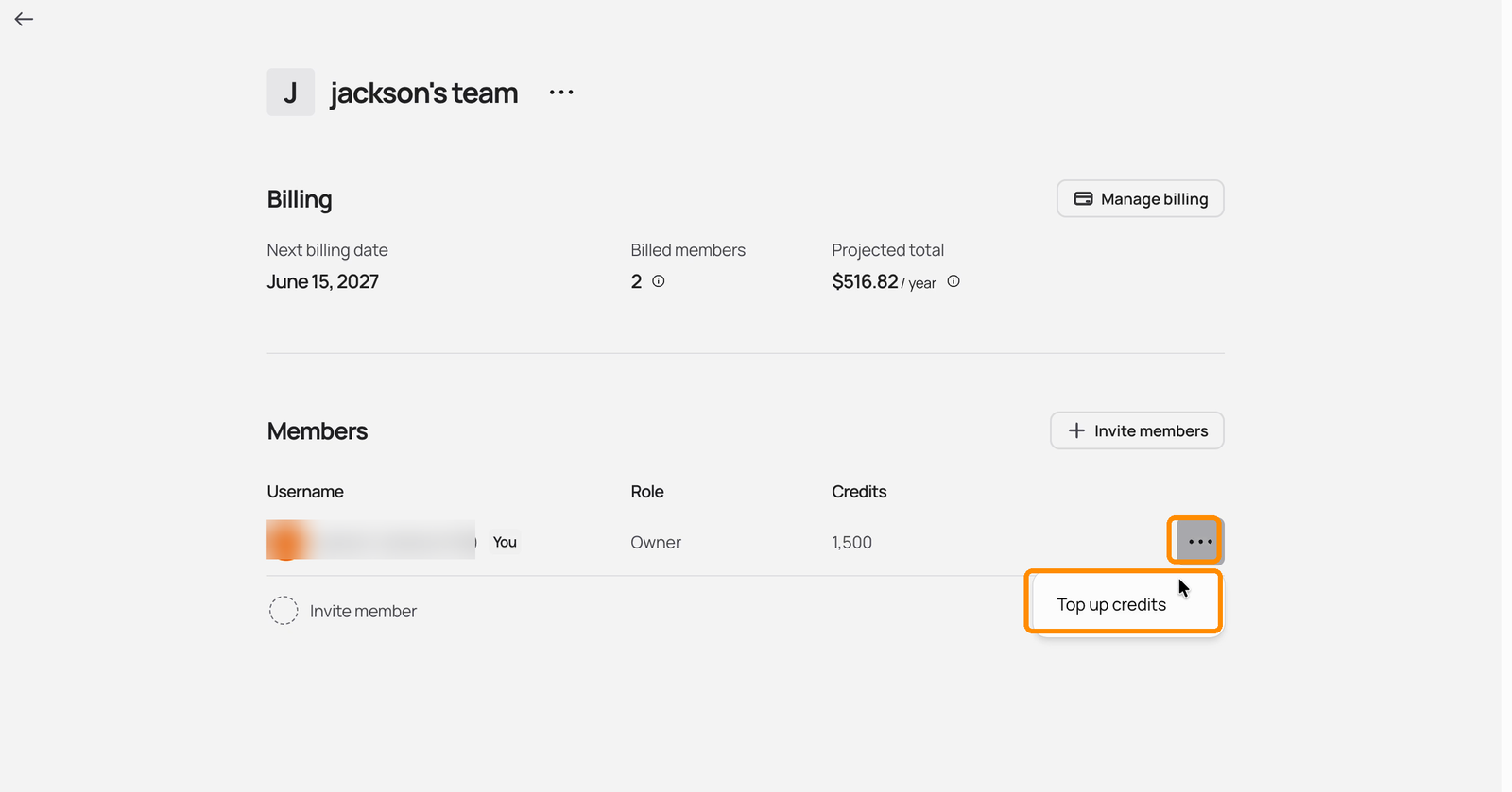 Team page member row with the row menu open and the Top up credits option highlighted