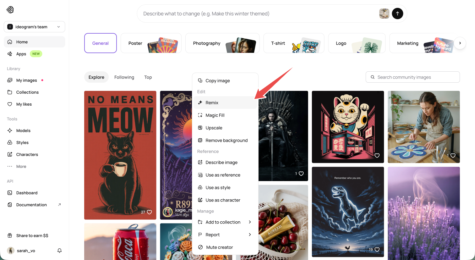 Image feed More menu with Remix highlighted.
