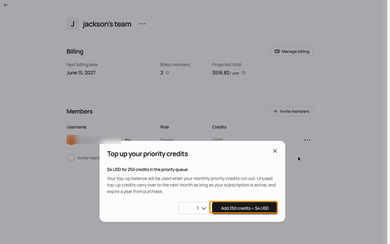 Top up your priority credits dialog with a quantity selector and the add credits button highlighted