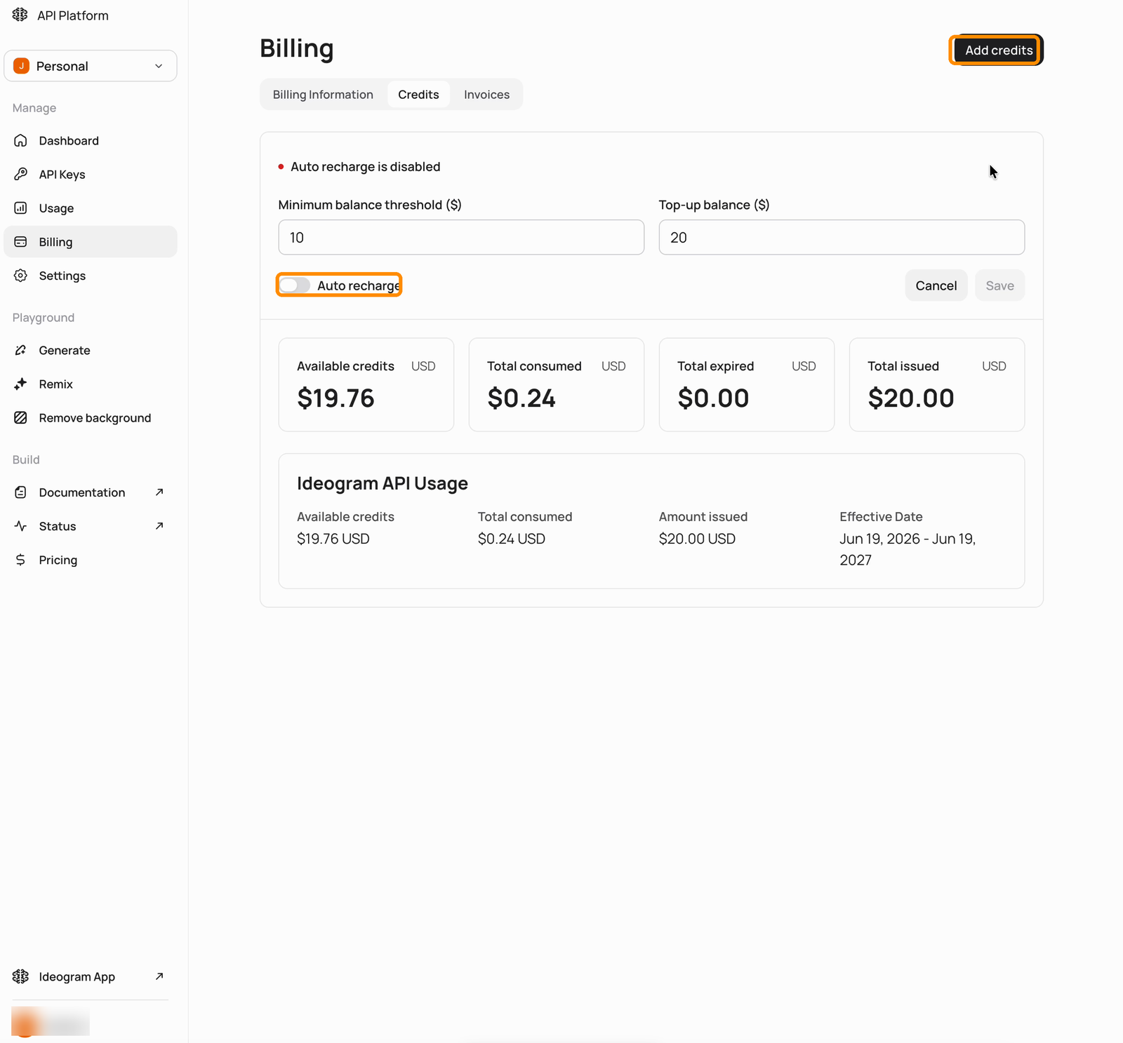 Billing page Credits tab showing credit balance tiles and auto recharge settings, with the Add credits button and Auto recharge toggle highlighted