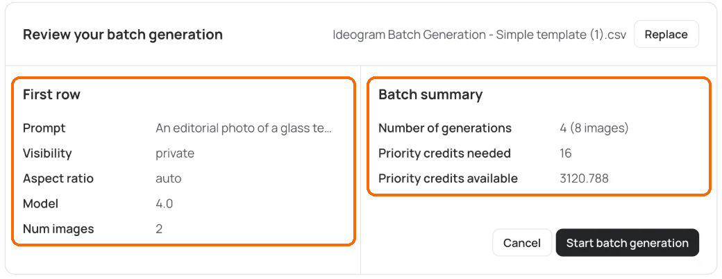 Review your batch generation card with the First row and Batch summary panels highlighted