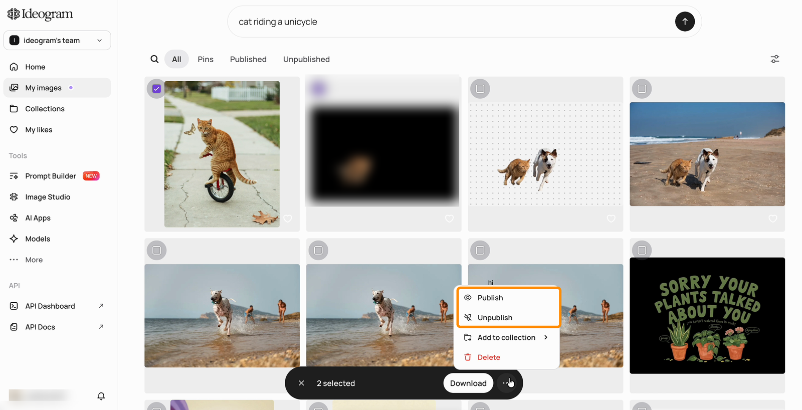 My images grid with two images selected, the bottom bar showing the count and Download button, and the menu open with Publish and Unpublish highlighted above Add to collection and Delete