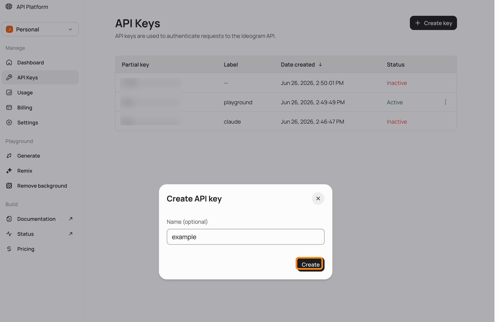 Create API key dialog with an optional name field and the Create button highlighted