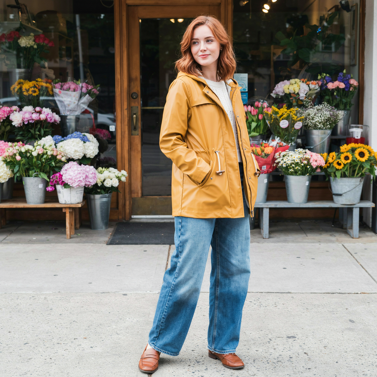 Still a full-length photo of the woman in the mustard raincoat and light wide-leg jeans in front of the flower shop