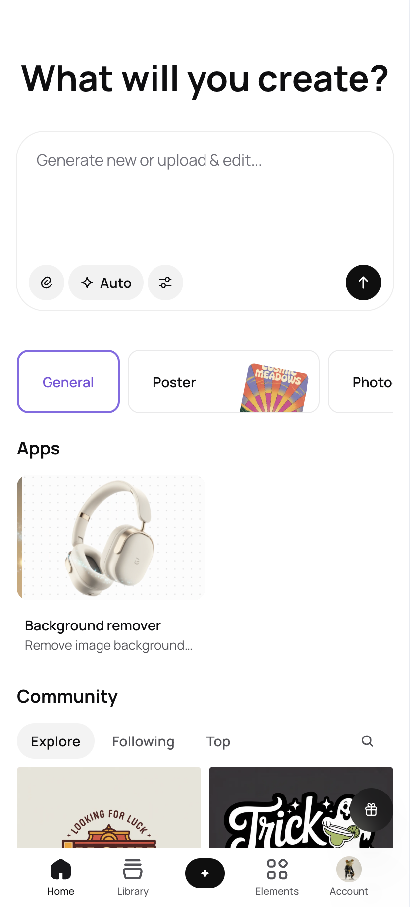 Ideogram mobile home page with a prompt box, Apps and Community sections, and a bottom navigation bar