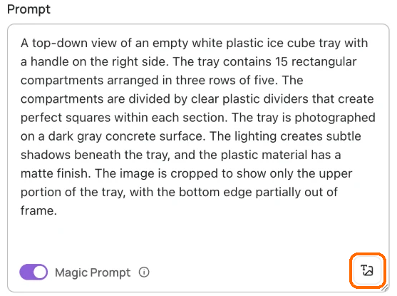 Prompt box filled with a Describe caption of an ice cube tray, with the Describe button at the bottom right highlighted