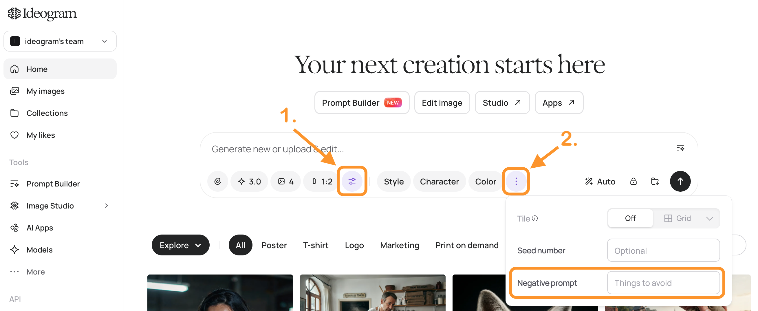 Prompt Box with arrows to the settings and More buttons and the Negative prompt field highlighted in the open dropdown